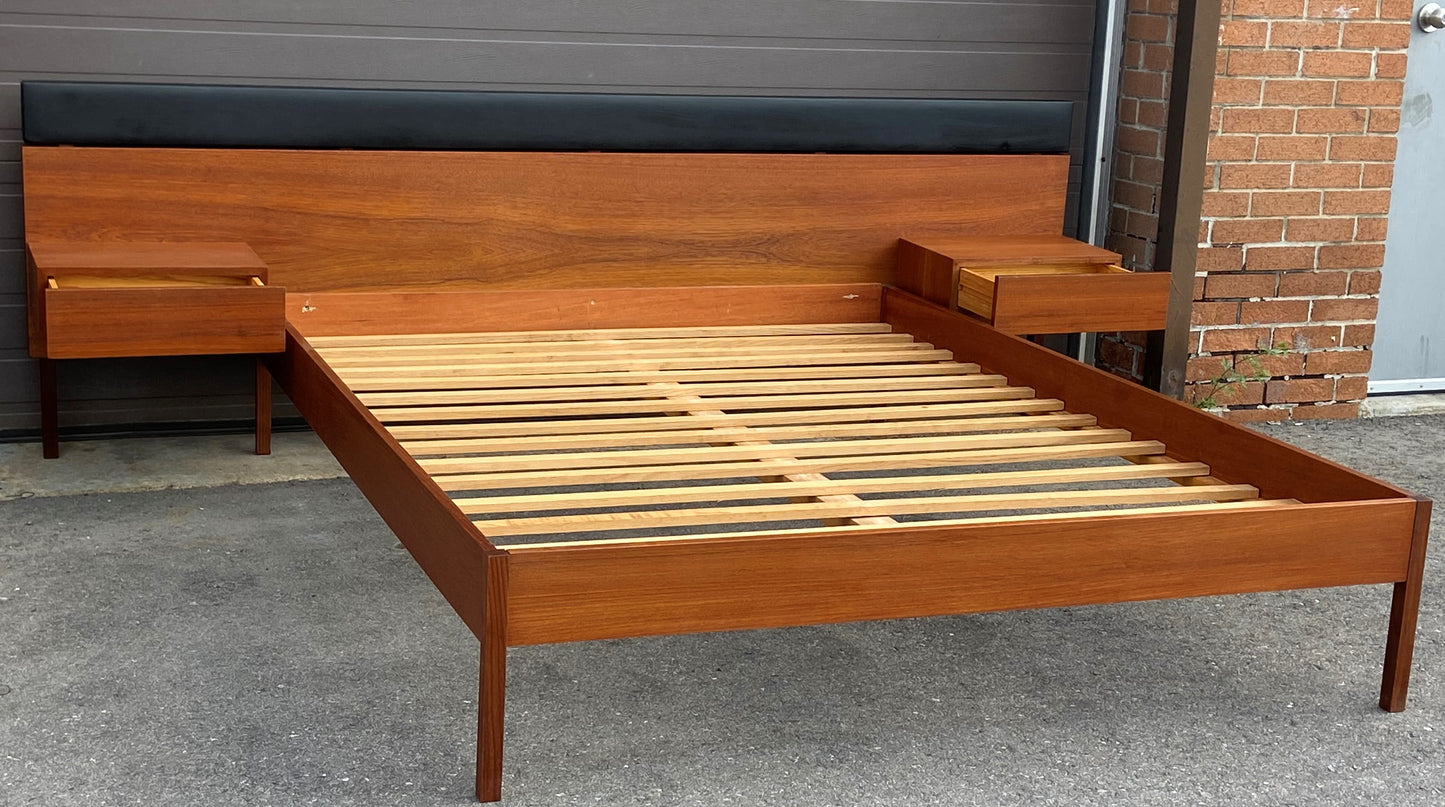 REFINISHED Mid Century Modern Teak Bed w floating nightstands Queen by Reff, PERFECT