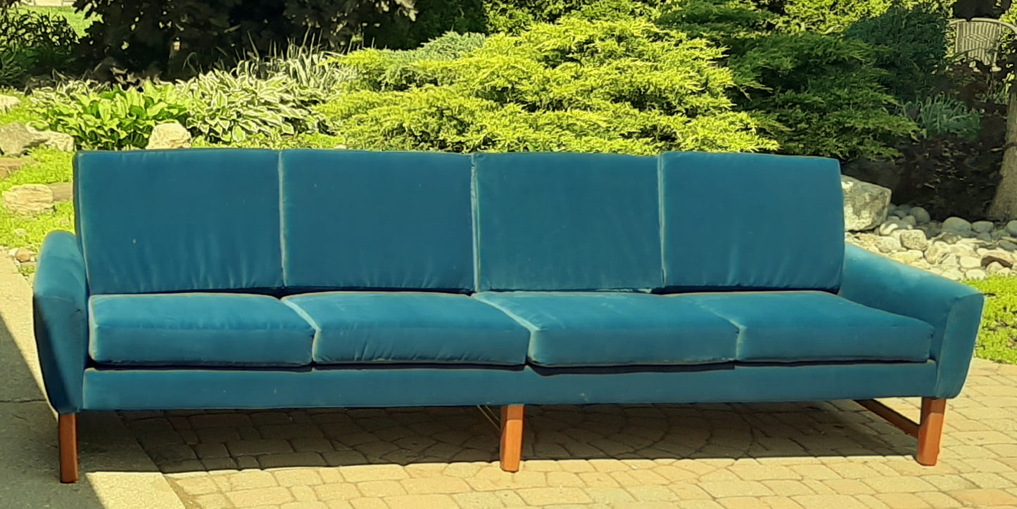 REFINISHED MCM Teak 4-Seater Sofa w NEW performance velvet upholstery, like NEW