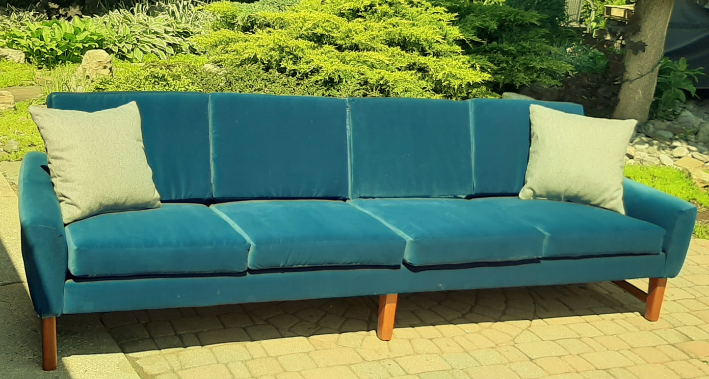 REFINISHED MCM Teak 4-Seater Sofa w NEW performance velvet upholstery, like NEW