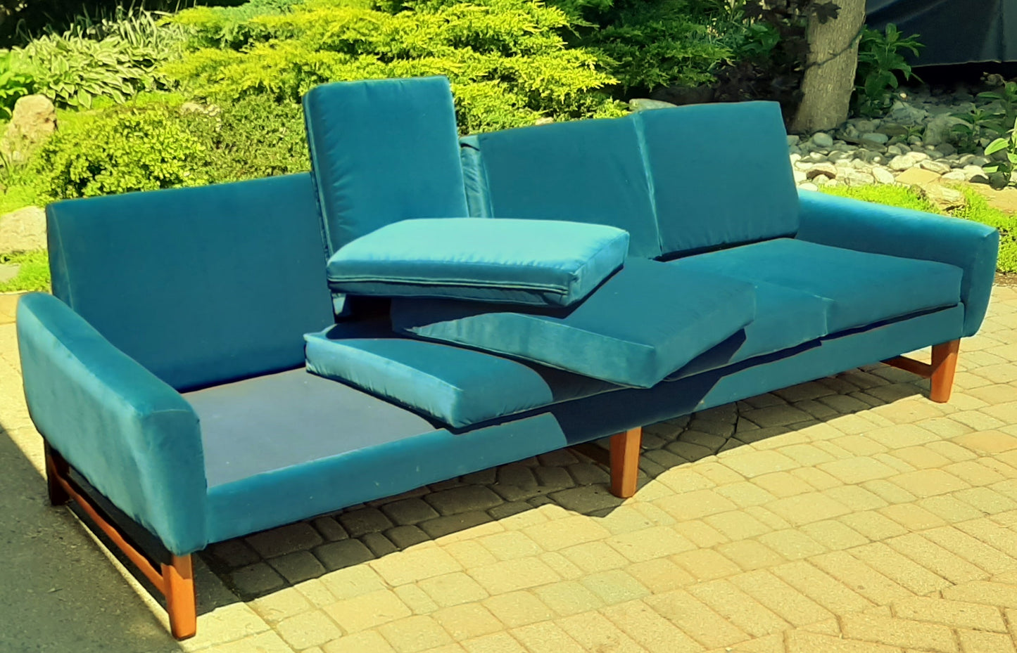 REFINISHED MCM Teak 4-Seater Sofa w NEW performance velvet upholstery, like NEW
