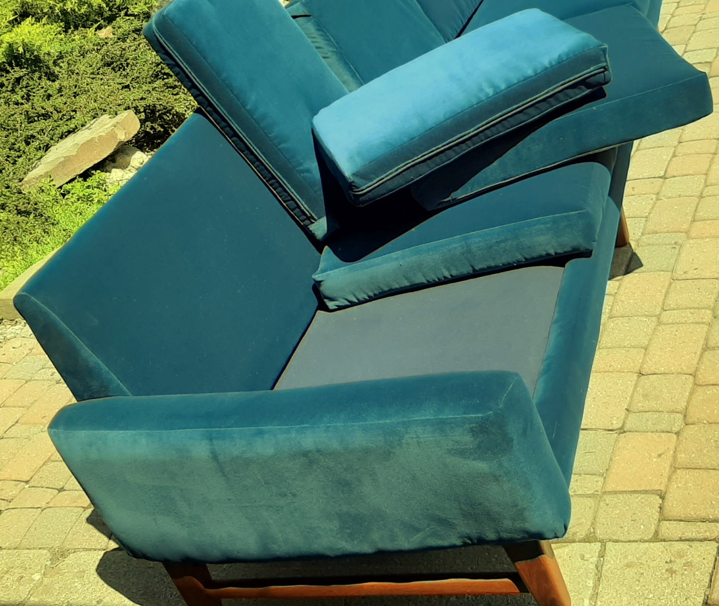 REFINISHED MCM Teak 4-Seater Sofa w NEW performance velvet upholstery, like NEW