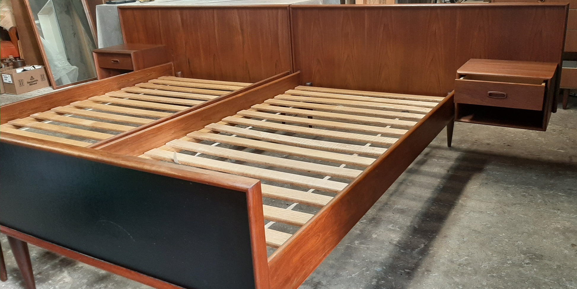 REFINISHED Danish MCM Teak Platform Beds w floating nightstands - set of 2 singles, PERFECT - Mid Century Modern Toronto