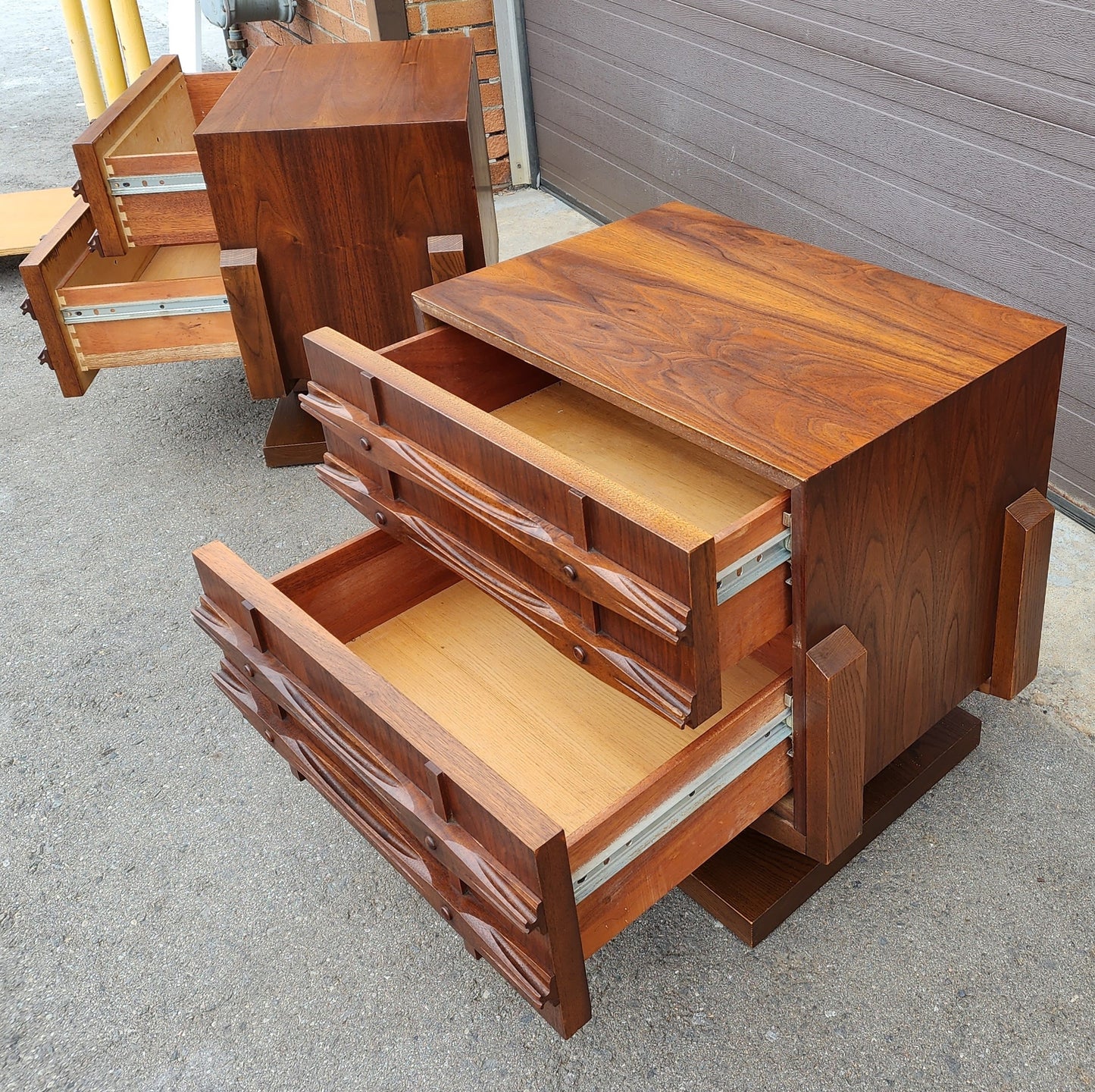 REFINISHED Rare Mid Century Modern Walnut Brutalist Nightstands or End Tables