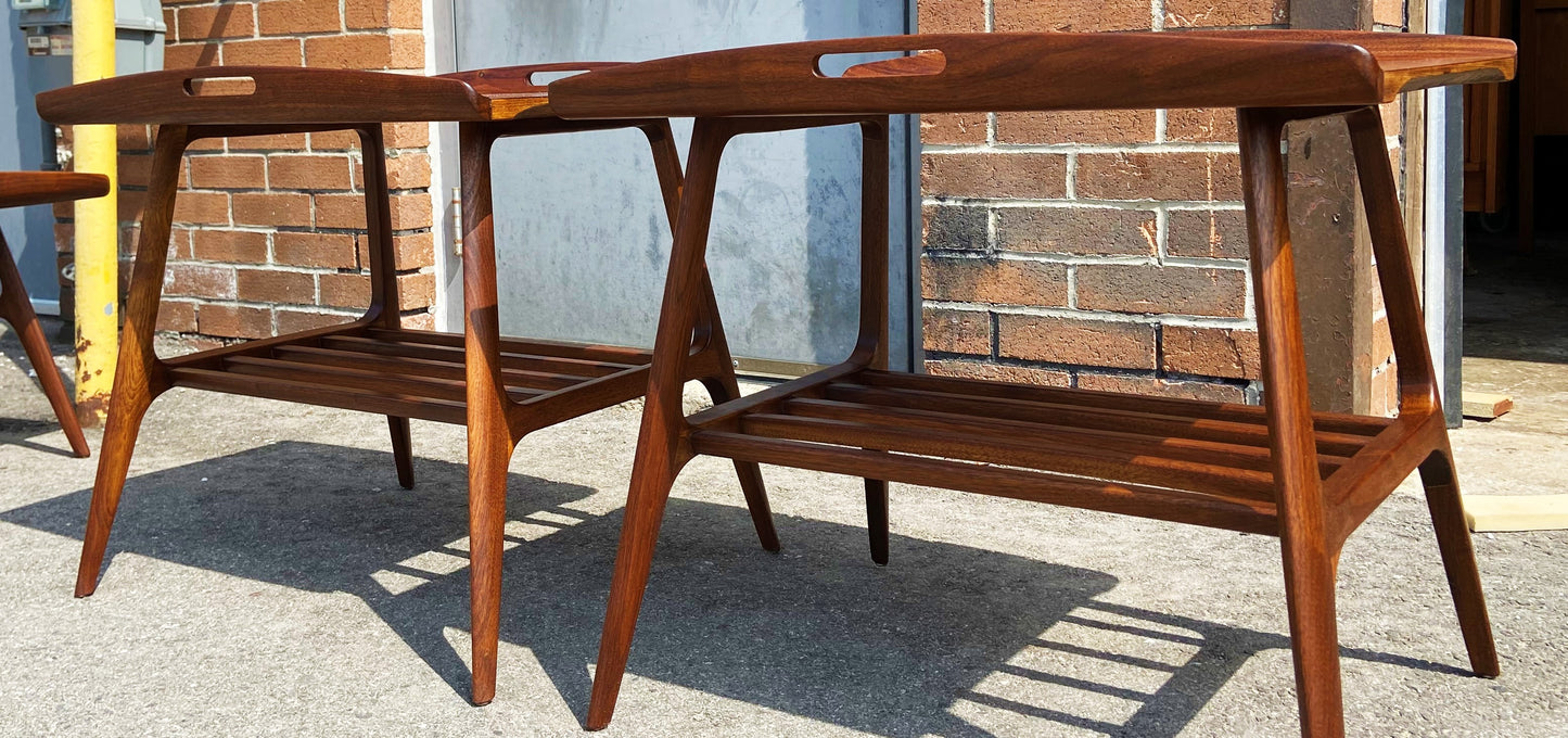 2 REFINISHED Mid Century Modern Walnut tray- style end tables, Perfect
