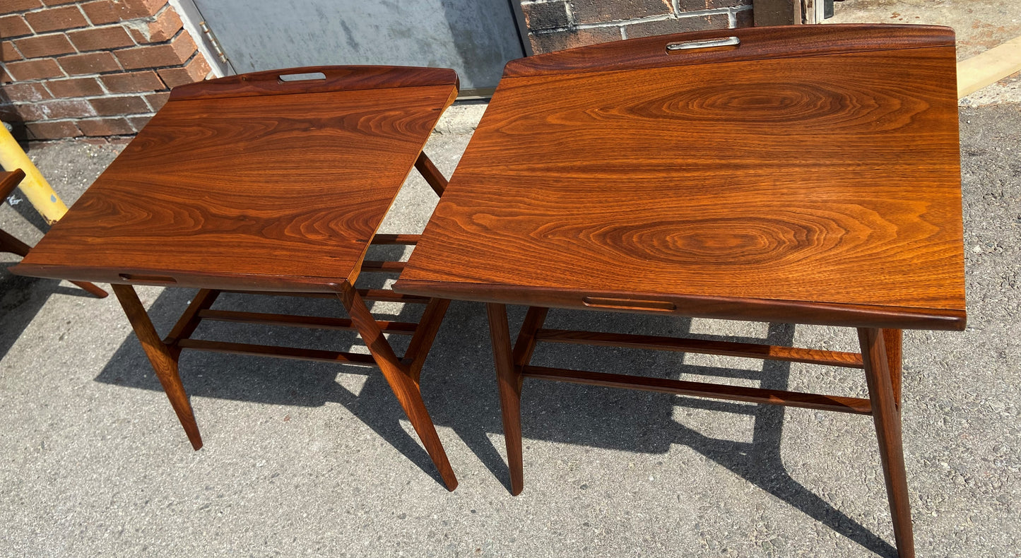 2 REFINISHED Mid Century Modern Walnut tray- style end tables, Perfect