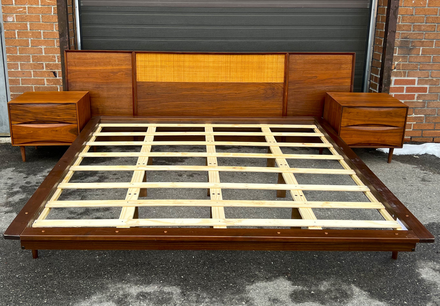 REFINISHED Mid Century Modern Walnut & Cane Bed King, 2 Dressers, 2 Nightstands