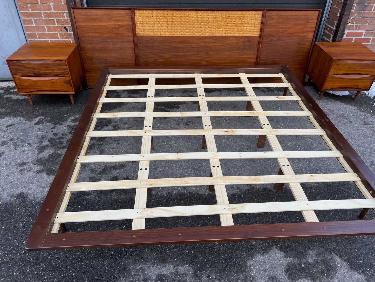 REFINISHED Mid Century Modern Walnut & Cane Bed King, 2 Dressers, 2 Nightstands