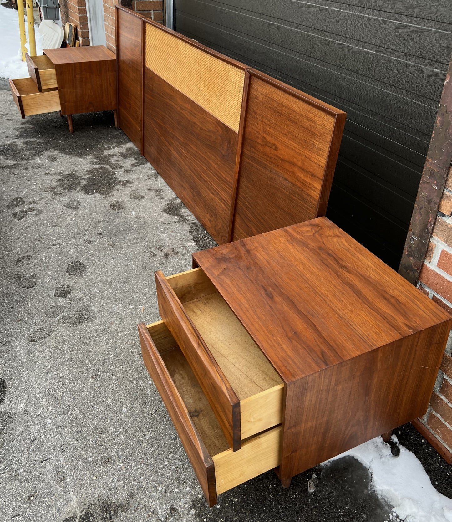 REFINISHED Mid Century Modern Walnut & Cane Bed King, 2 Dressers, 2 Nightstands