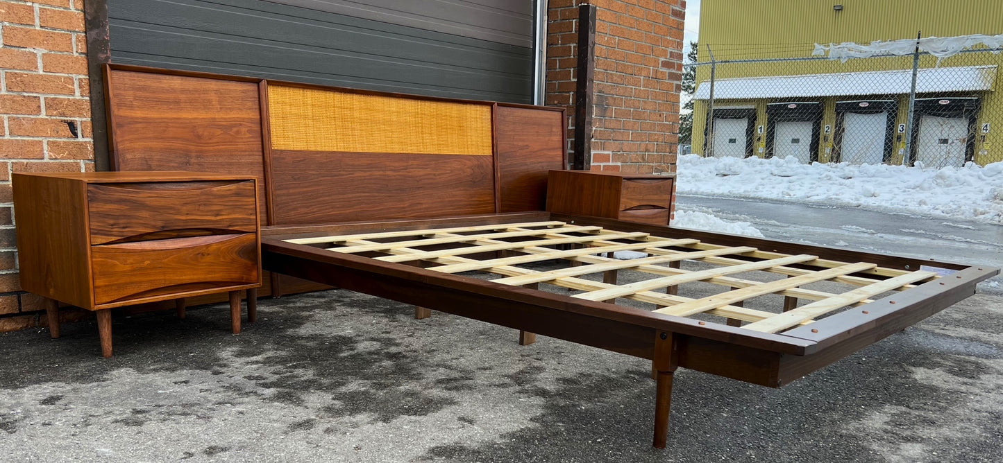 REFINISHED Mid Century Modern Walnut & Cane Bed King, 2 Dressers, 2 Nightstands