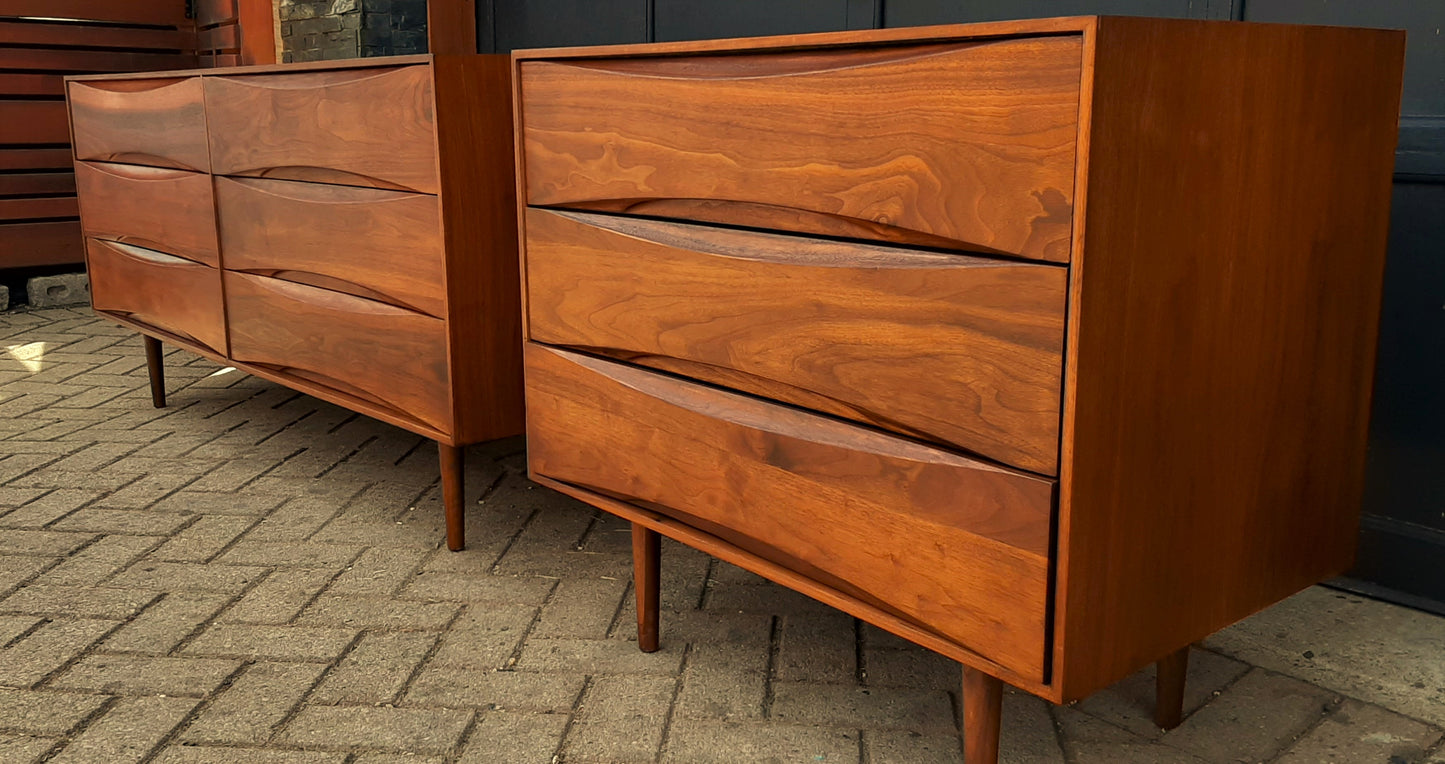 REFINISHED Mid Century Modern Walnut & Cane Bed King, 2 Dressers, 2 Nightstands