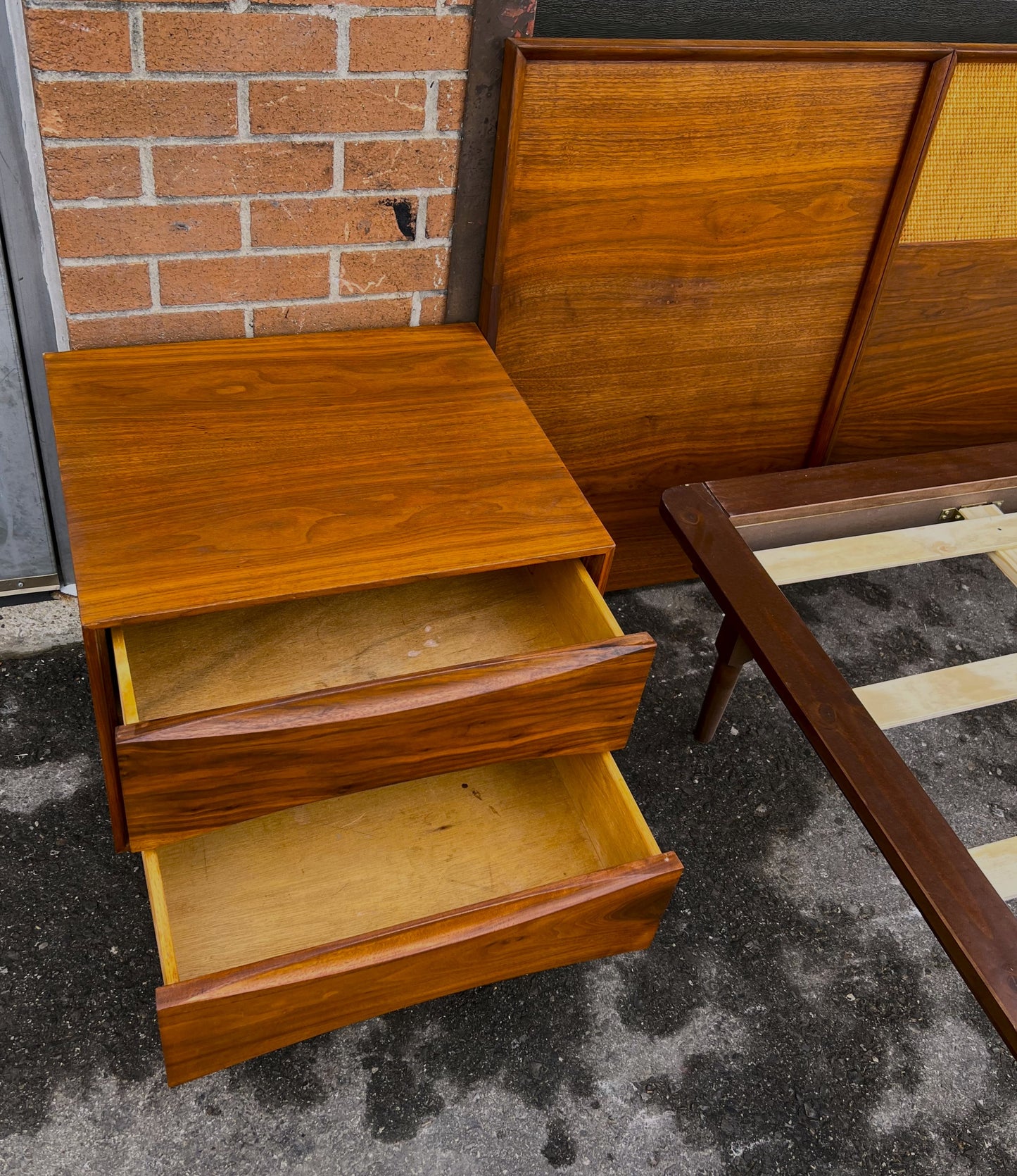 REFINISHED Mid Century Modern Walnut & Cane Bed King, 2 Dressers, 2 Nightstands
