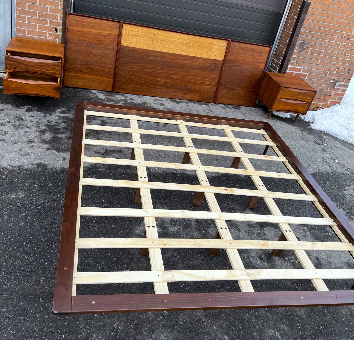REFINISHED Mid Century Modern Walnut & Cane Bed King, 2 Dressers, 2 Nightstands