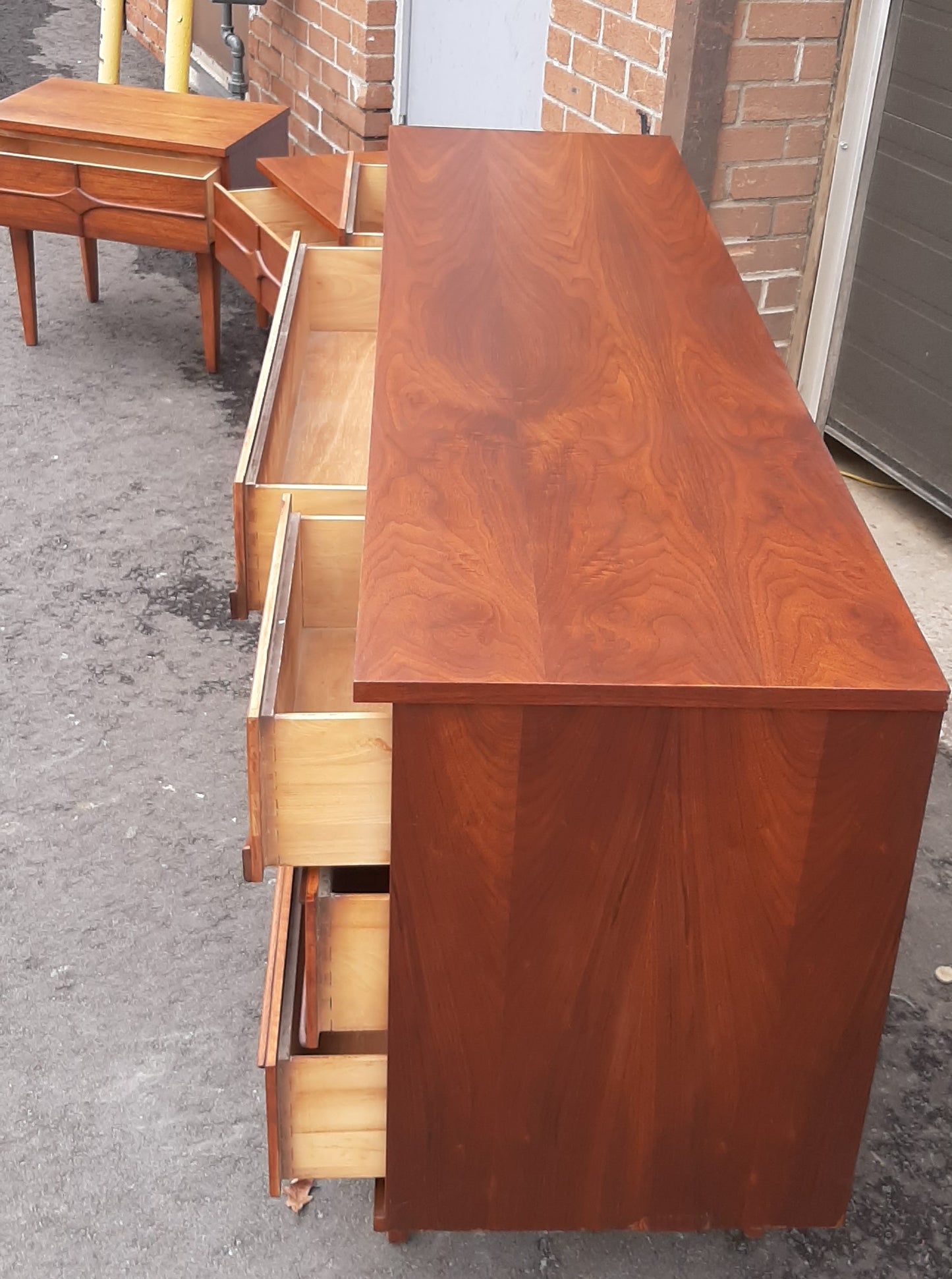 REFINISHED Compact MCM Walnut long dresser, tallboy & 2 night stands, PERFECT - Mid Century Modern Toronto