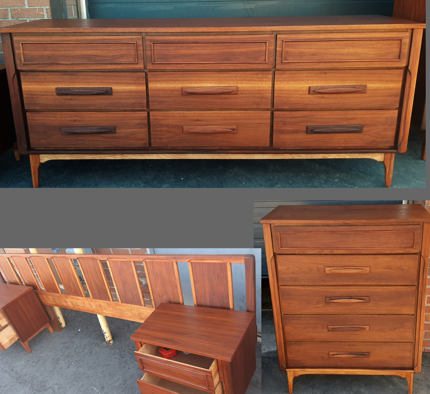ON HOLD***REFINISHED MCM walnut dresser 9 drawers, tallboy, 2 nigh stands, headboard for queen bed & frame - PERFECT - Mid Century Modern Toronto