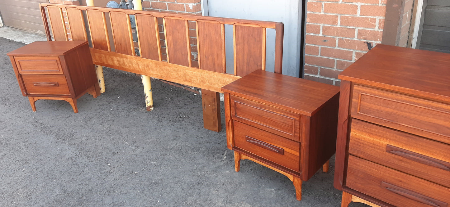 ON HOLD***REFINISHED MCM walnut dresser 9 drawers, tallboy, 2 nigh stands, headboard for queen bed & frame - PERFECT - Mid Century Modern Toronto