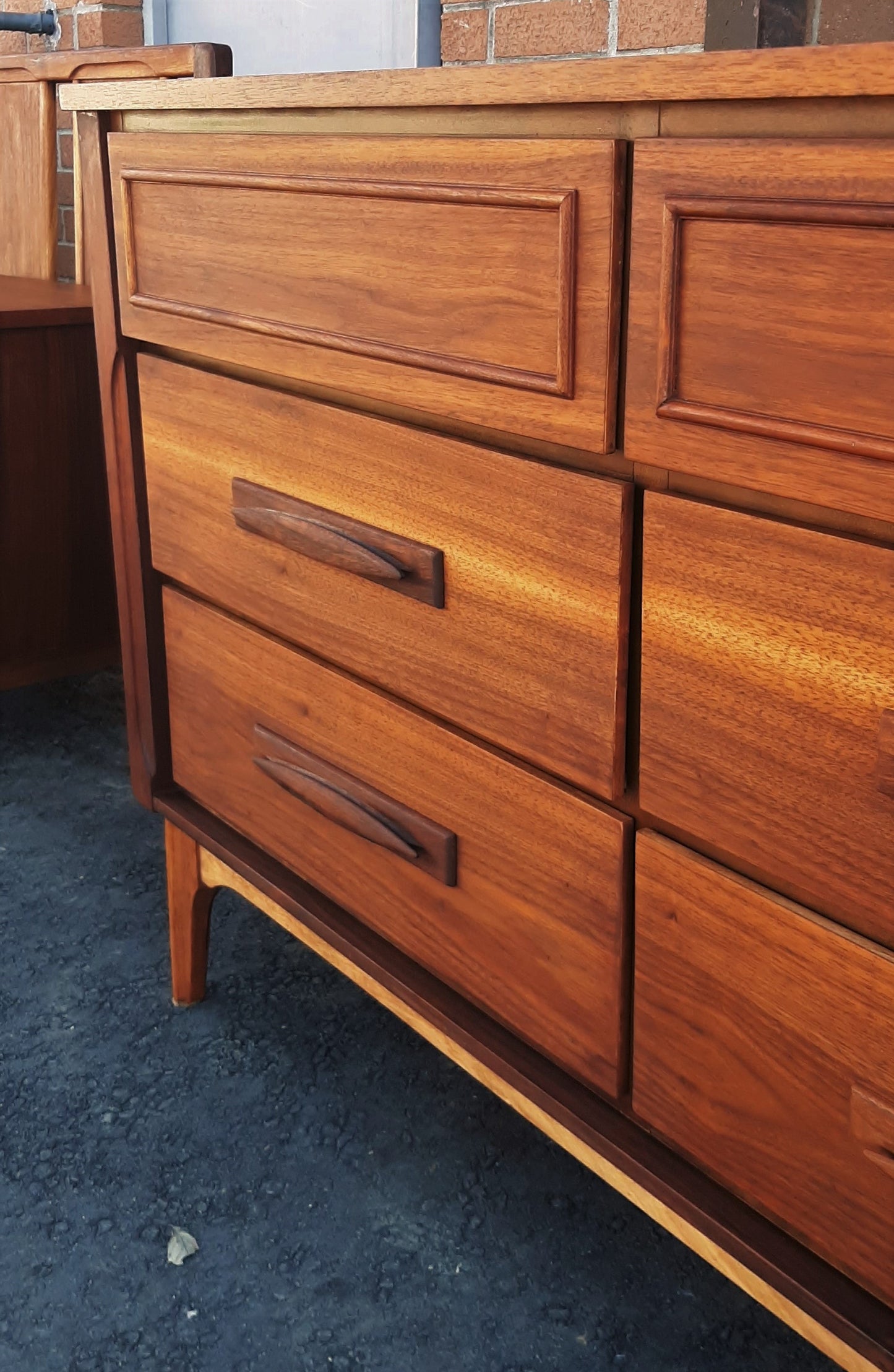 ON HOLD***REFINISHED MCM walnut dresser 9 drawers, tallboy, 2 nigh stands, headboard for queen bed & frame - PERFECT - Mid Century Modern Toronto