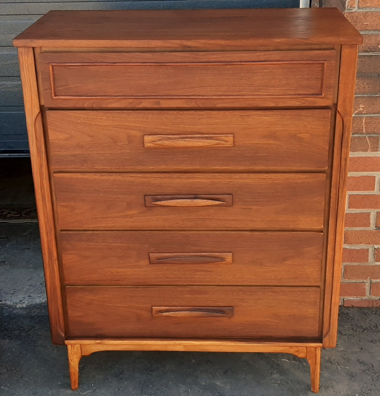 ON HOLD***REFINISHED MCM walnut dresser 9 drawers, tallboy, 2 nigh stands, headboard for queen bed & frame - PERFECT - Mid Century Modern Toronto
