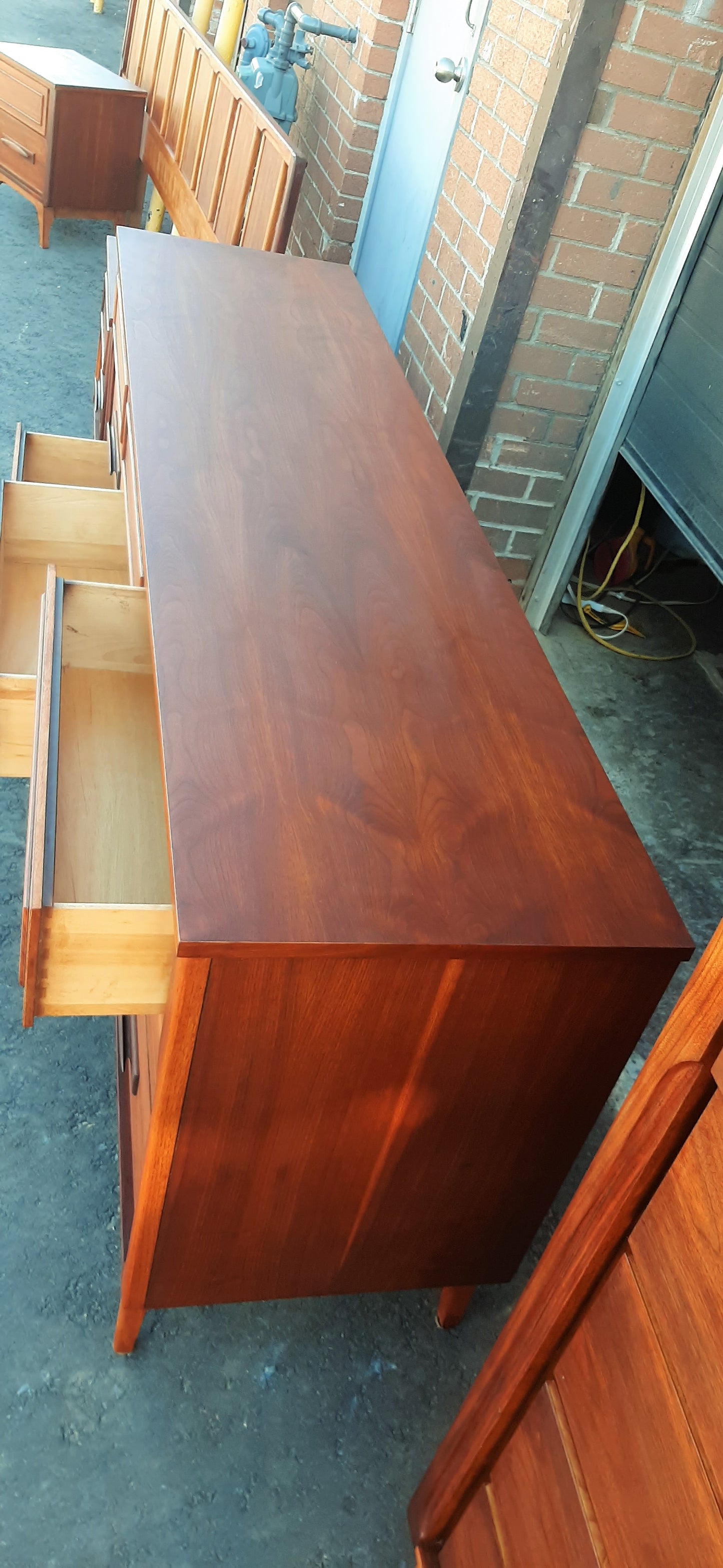 ON HOLD***REFINISHED MCM walnut dresser 9 drawers, tallboy, 2 nigh stands, headboard for queen bed & frame - PERFECT - Mid Century Modern Toronto