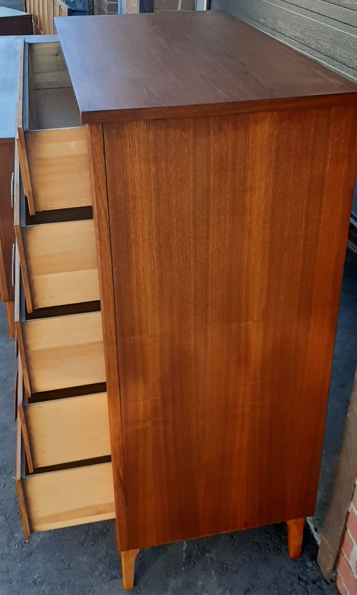 ON HOLD***REFINISHED MCM walnut dresser 9 drawers, tallboy, 2 nigh stands, headboard for queen bed & frame - PERFECT - Mid Century Modern Toronto