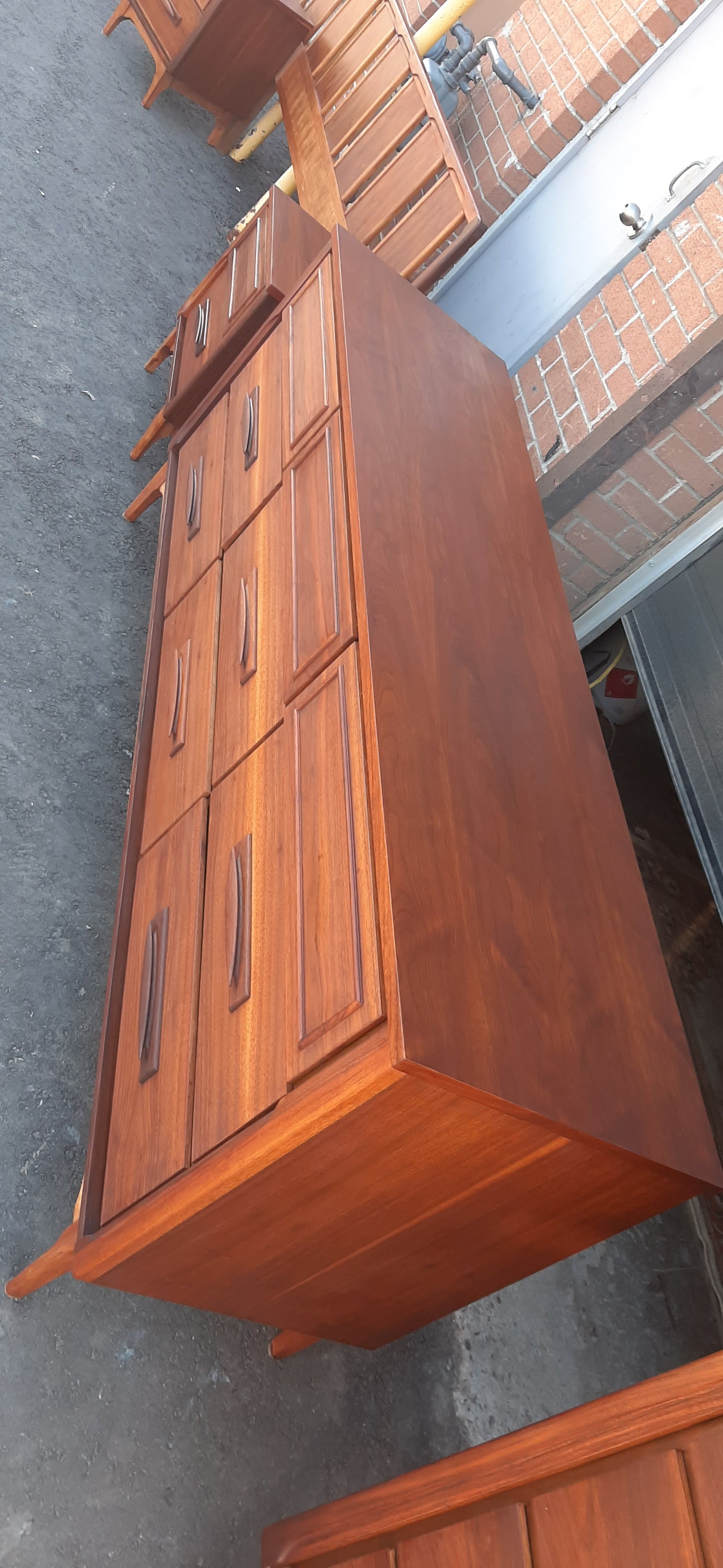 ON HOLD***REFINISHED MCM walnut dresser 9 drawers, tallboy, 2 nigh stands, headboard for queen bed & frame - PERFECT - Mid Century Modern Toronto