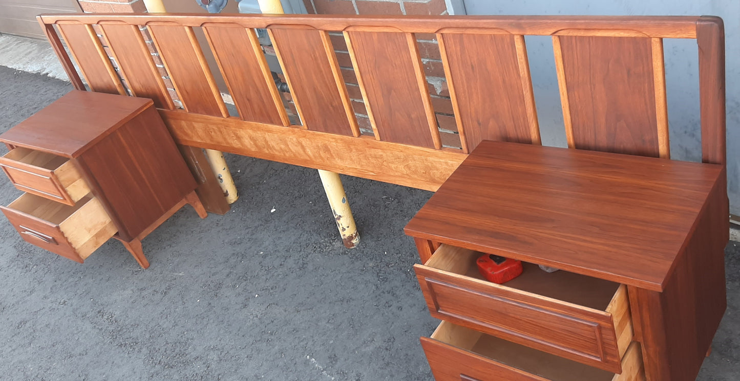 ON HOLD***REFINISHED MCM walnut dresser 9 drawers, tallboy, 2 nigh stands, headboard for queen bed & frame - PERFECT - Mid Century Modern Toronto