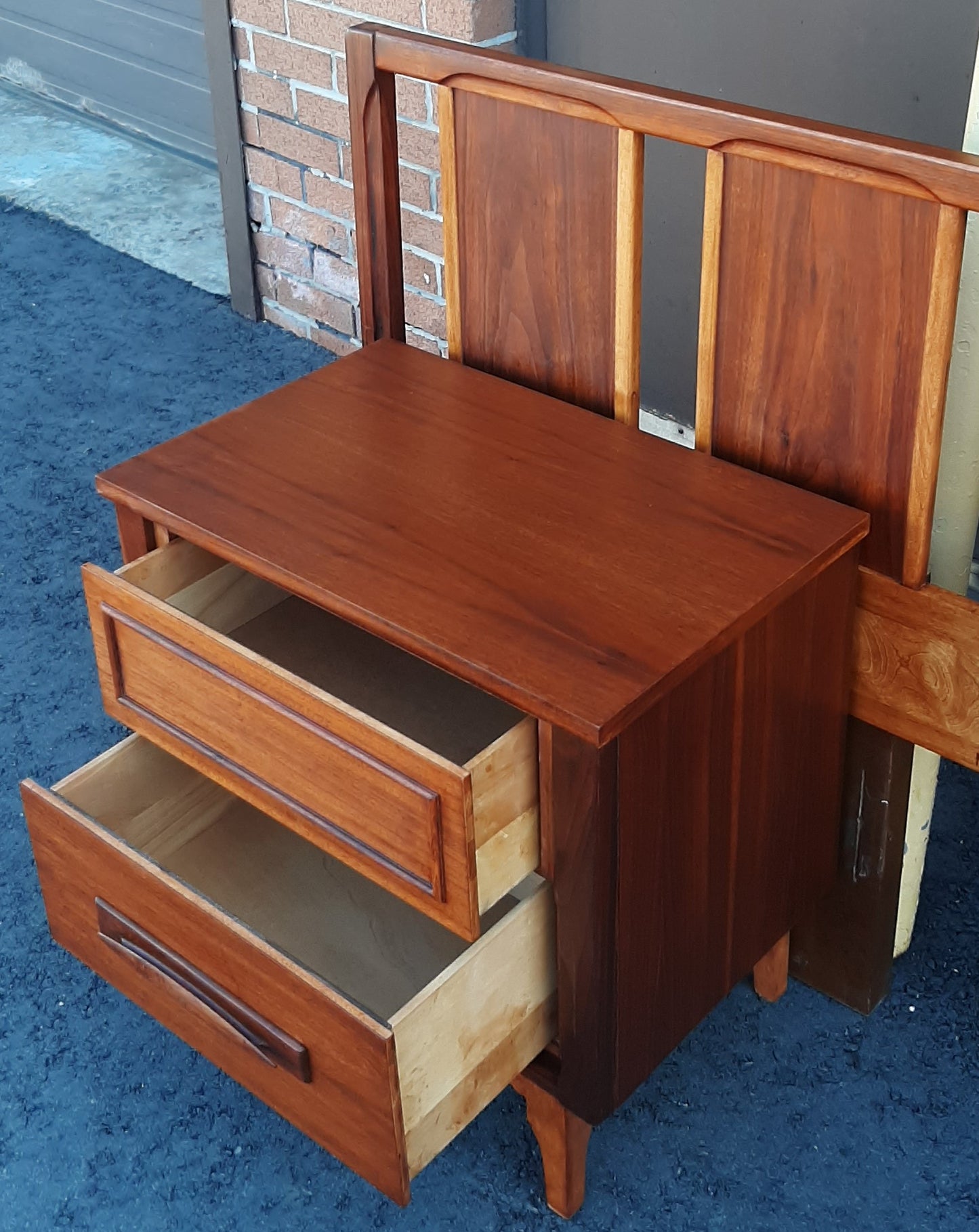 ON HOLD***REFINISHED MCM walnut dresser 9 drawers, tallboy, 2 nigh stands, headboard for queen bed & frame - PERFECT - Mid Century Modern Toronto