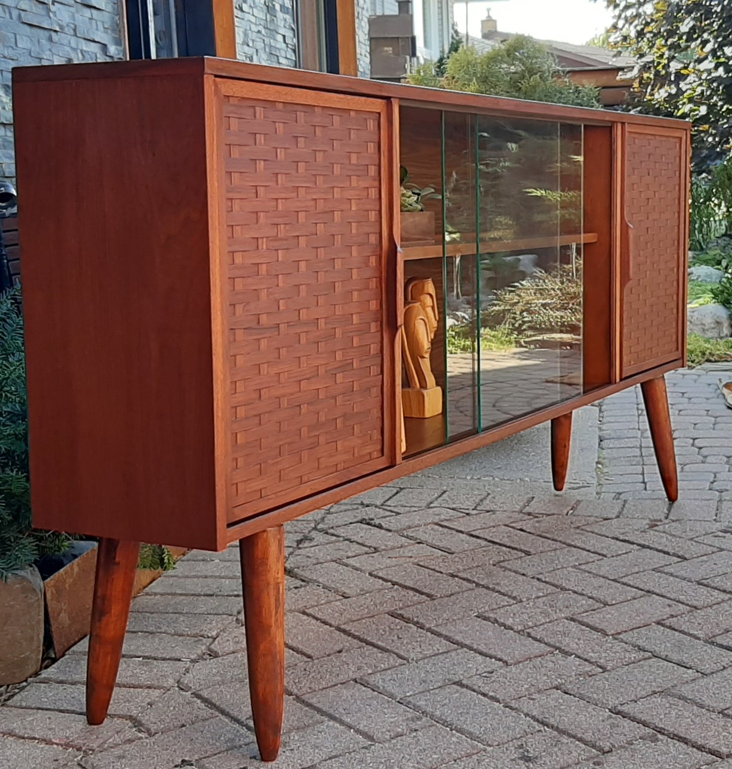 REFINISHED MCM Walnut Display w woven & glass doors 71" long & narrow, PERFECT