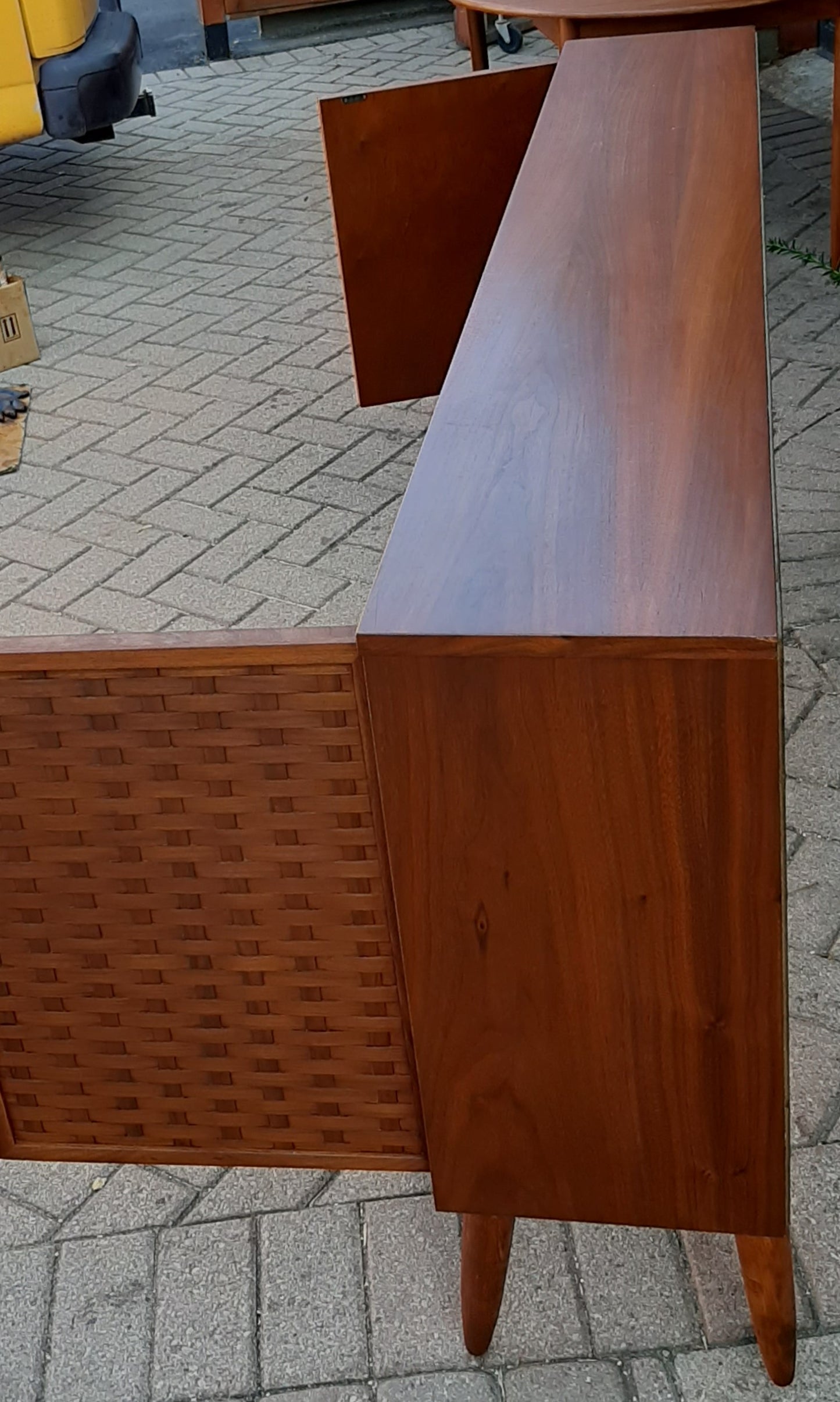 REFINISHED MCM Walnut Display w woven & glass doors 71" long & narrow, PERFECT