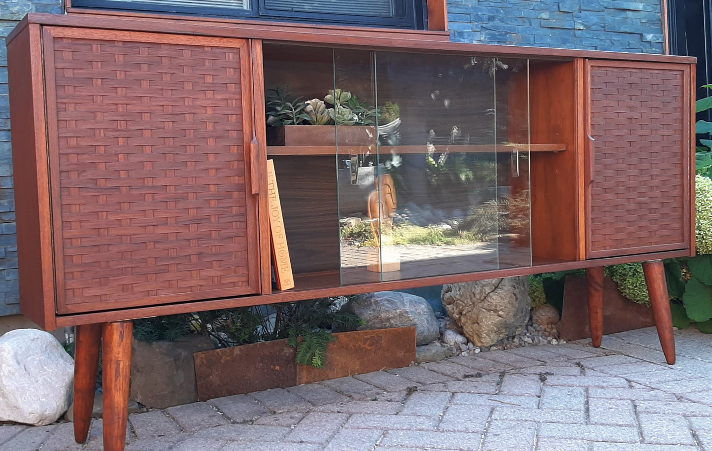 REFINISHED MCM Walnut Display w woven & glass doors 71" long & narrow, PERFECT