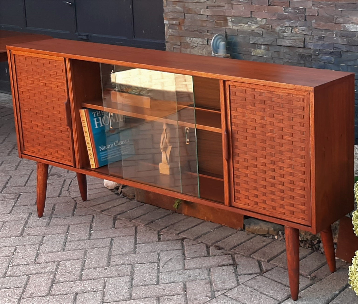 REFINISHED MCM Walnut Display w woven & glass doors 71" long & narrow, PERFECT