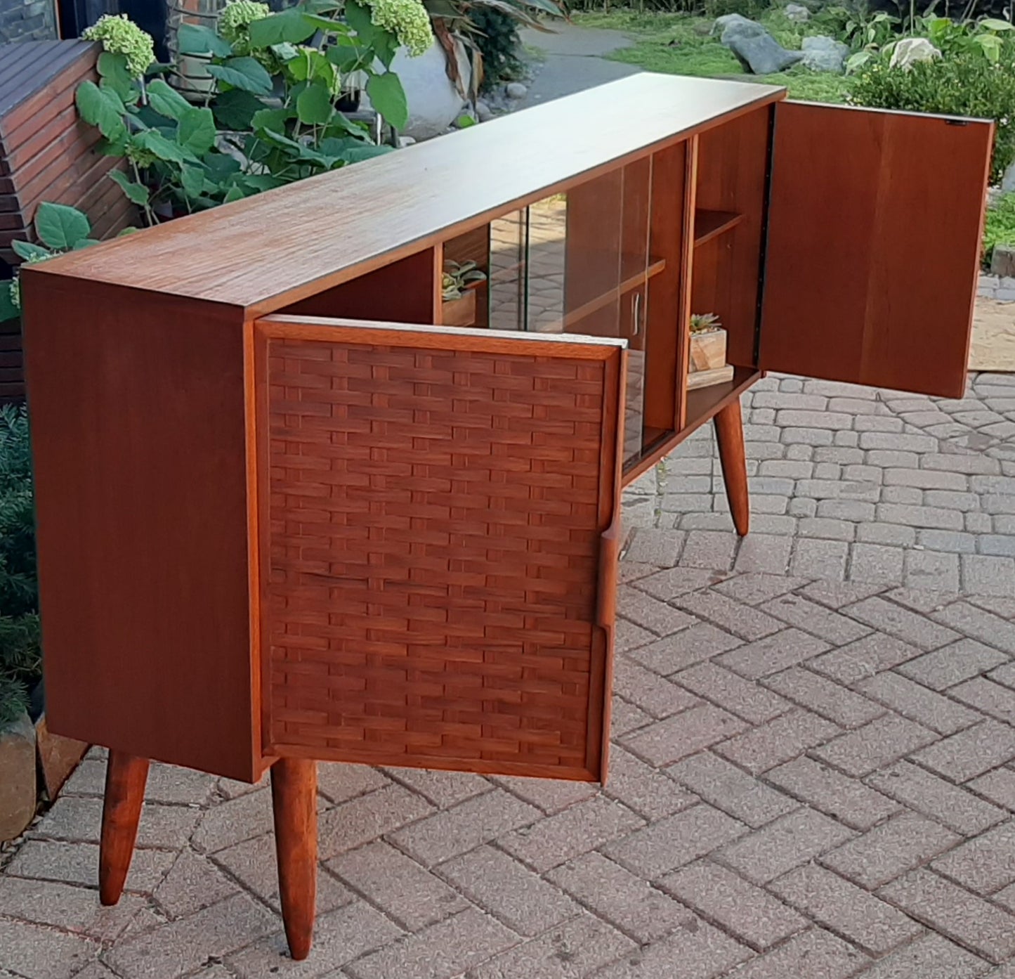 REFINISHED MCM Walnut Display w woven & glass doors 71" long & narrow, PERFECT