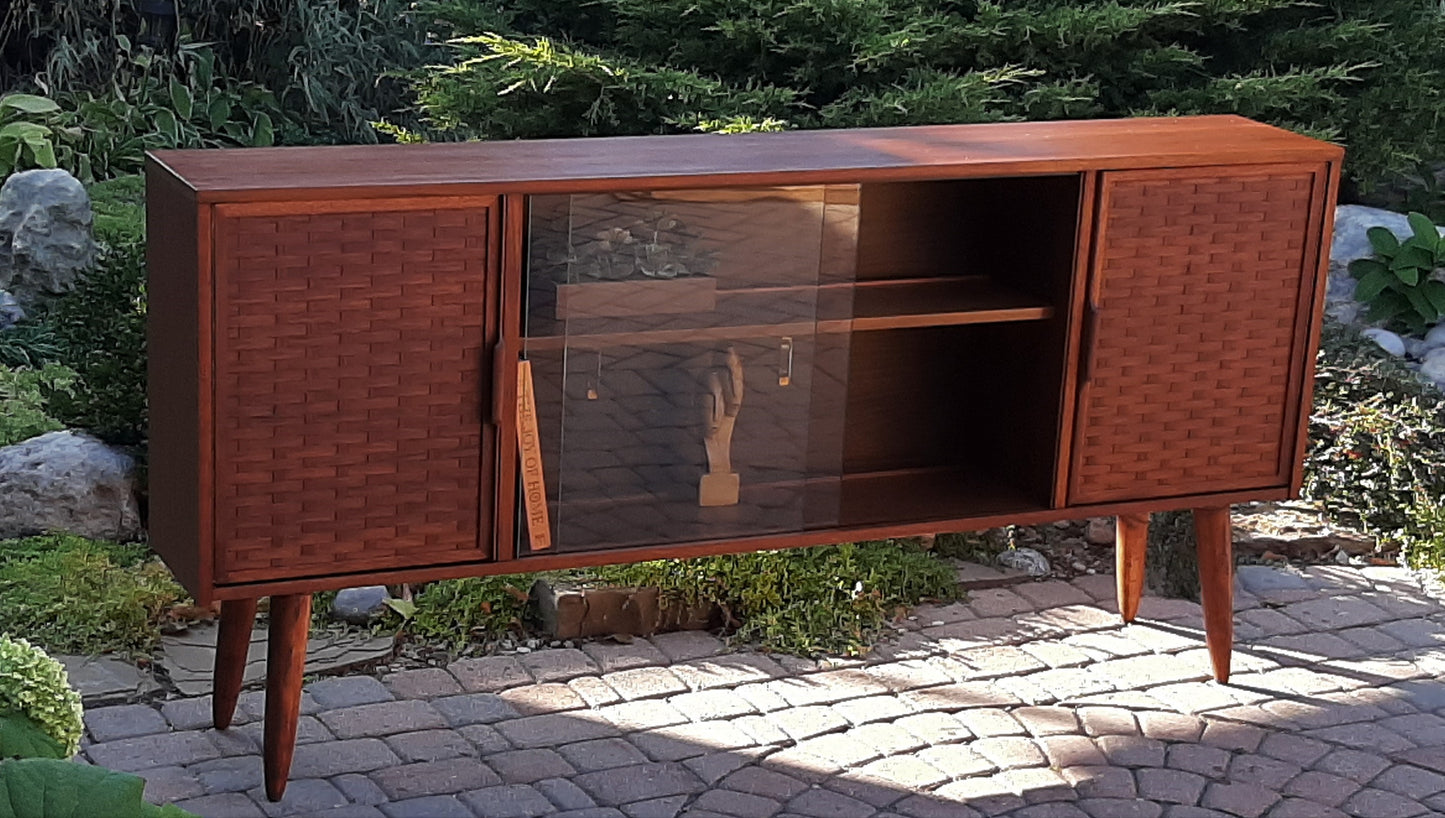REFINISHED MCM Walnut Display w woven & glass doors 71" long & narrow, PERFECT