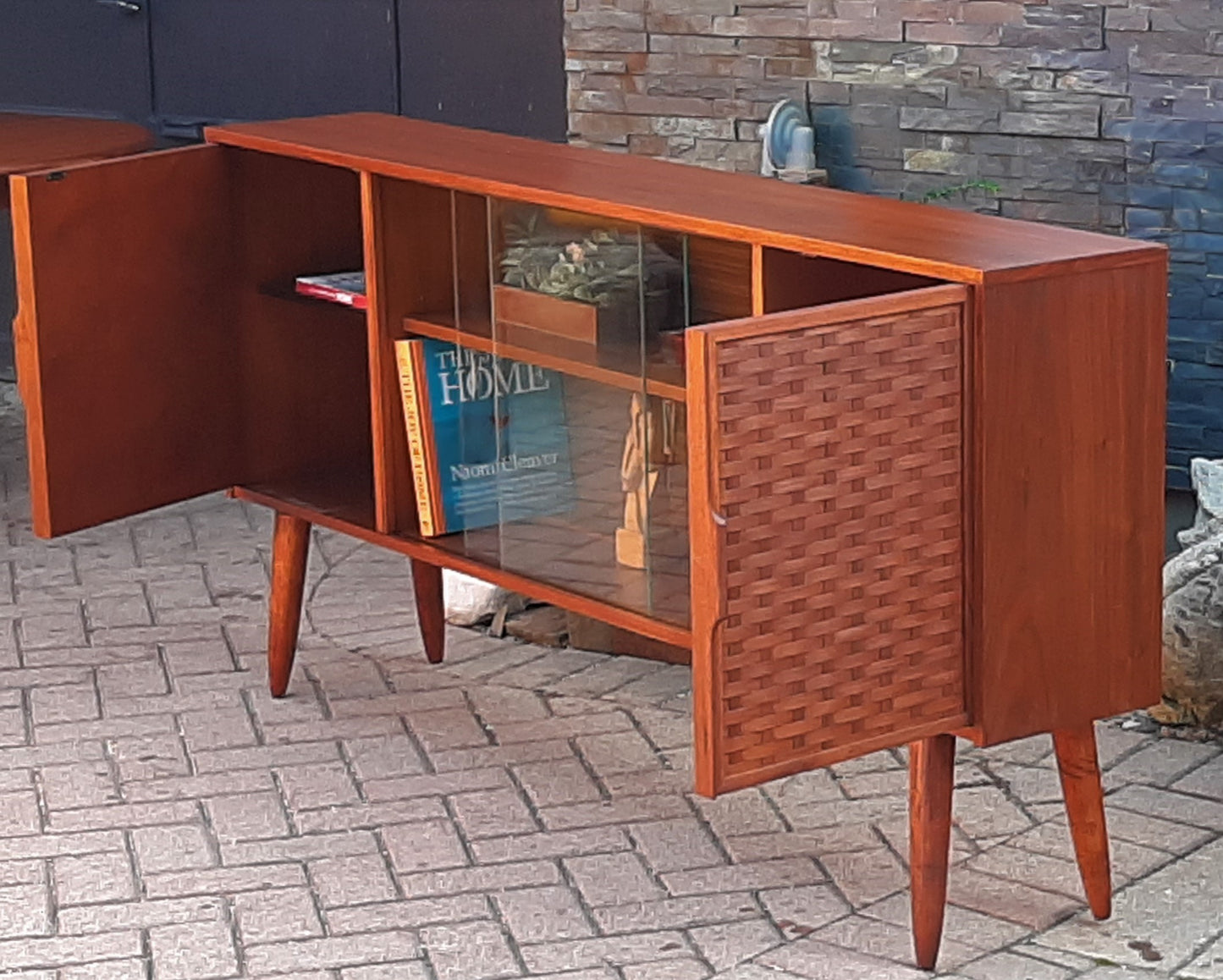 REFINISHED MCM Walnut Display w woven & glass doors 71" long & narrow, PERFECT