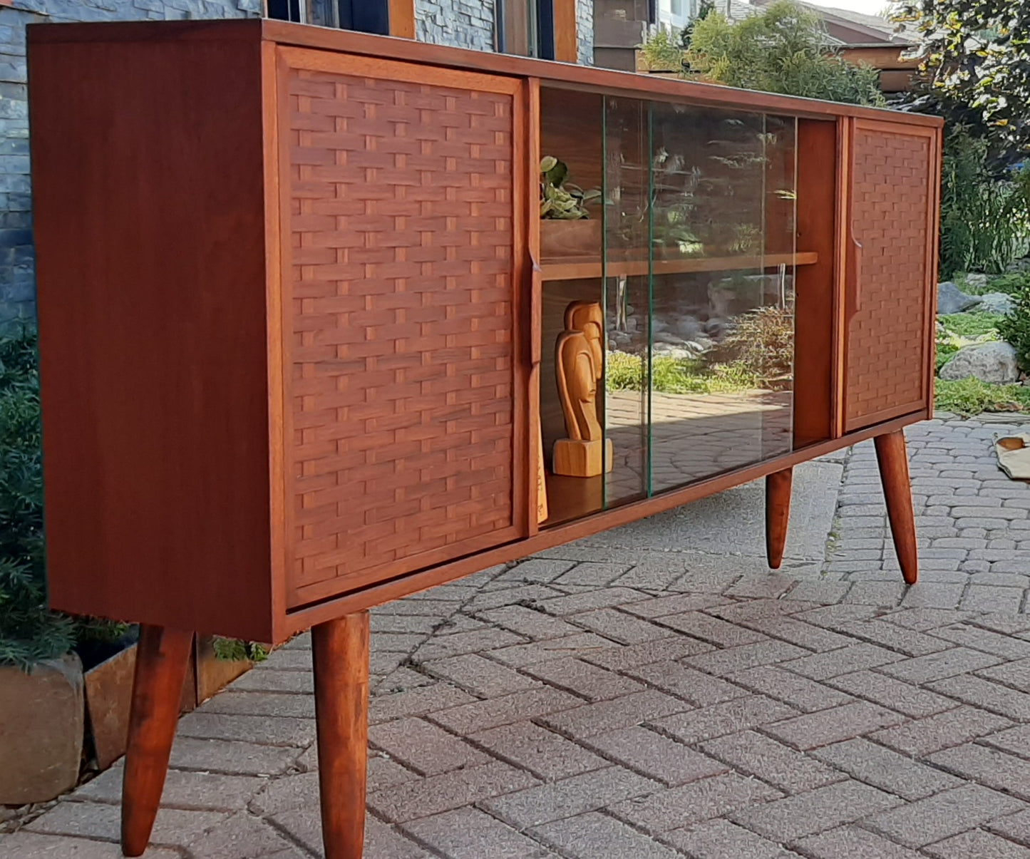 REFINISHED MCM Walnut Display w woven & glass doors 71" long & narrow, PERFECT