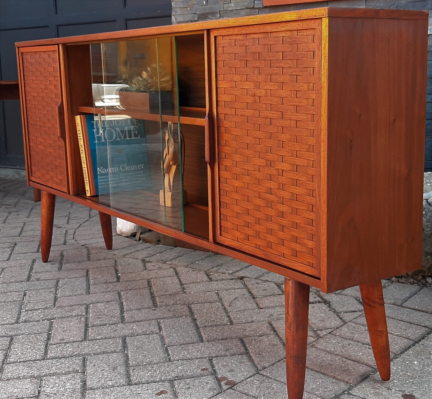 REFINISHED MCM Walnut Display w woven & glass doors 71" long & narrow, PERFECT