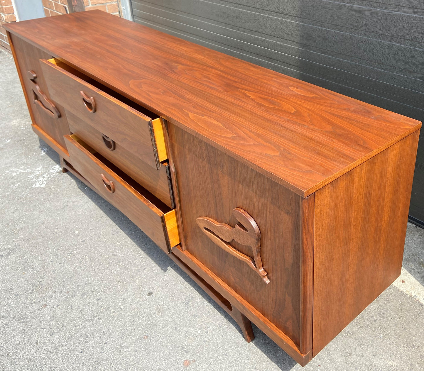 REFINISHED MCM Walnut Credenza or Dresser with sliding doors, PERFECT