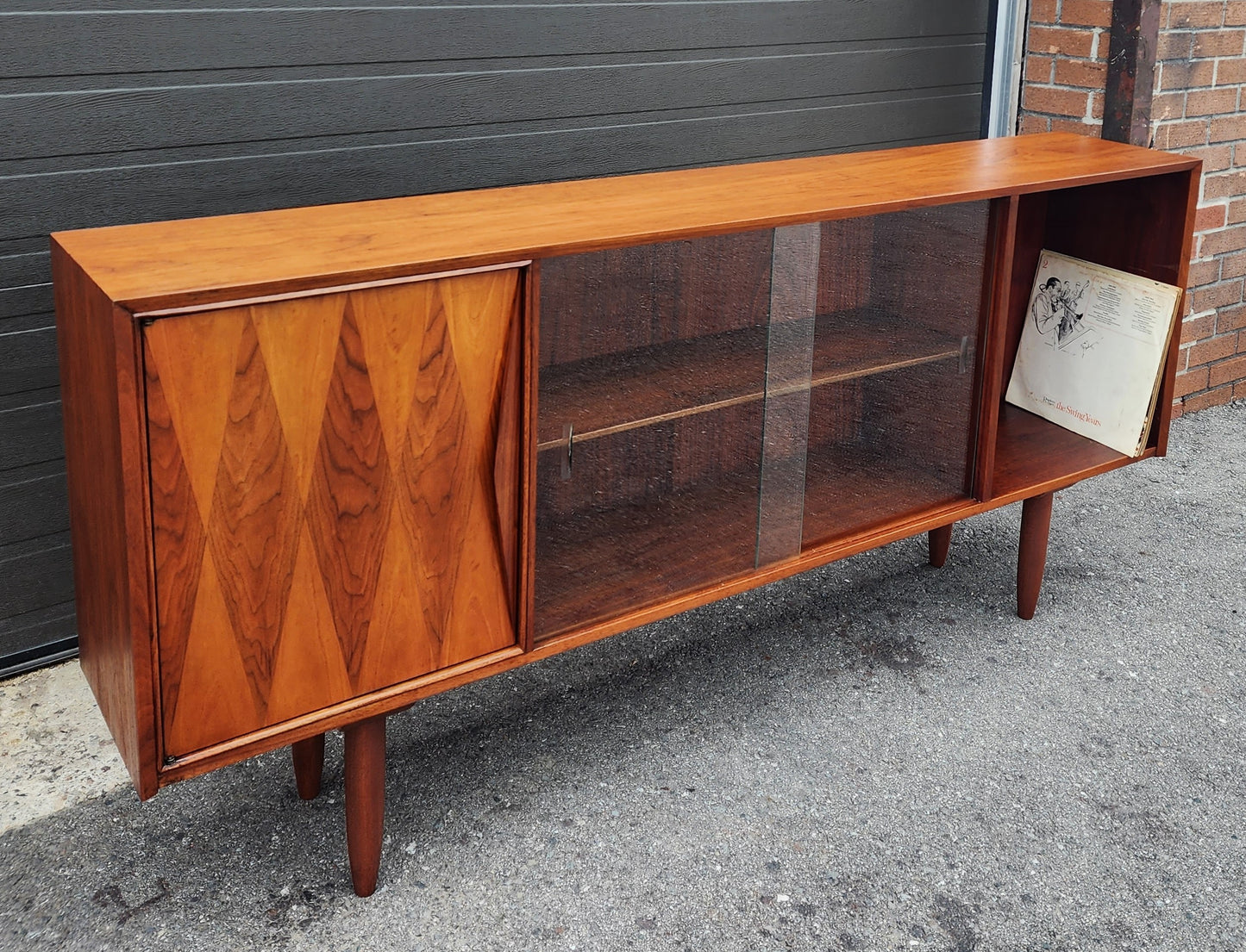 REFINISHED Mid Century Modern Walnut Display/ Bookcase/ Media TV Console 71"