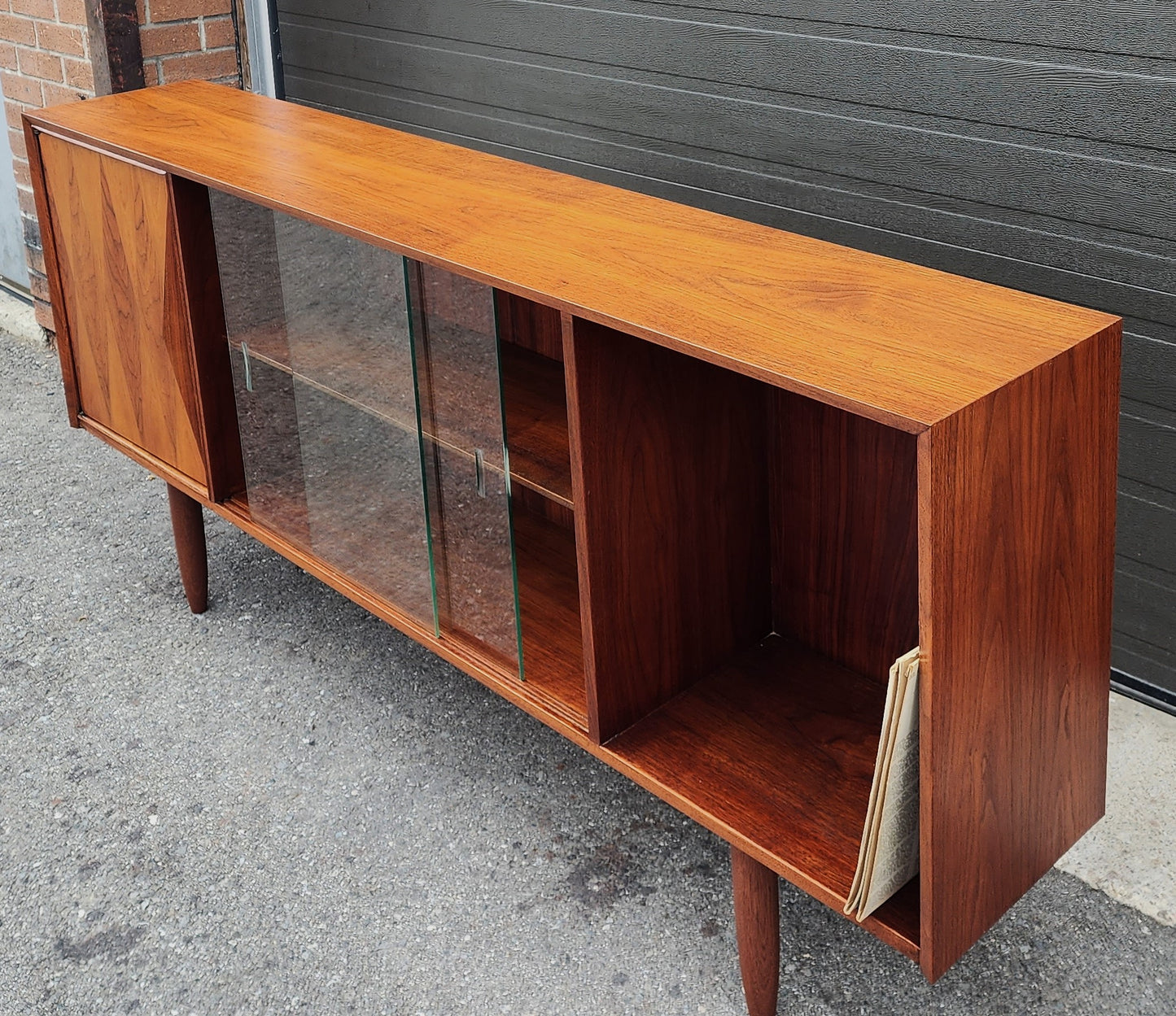 REFINISHED Mid Century Modern Walnut Display/ Bookcase/ Media TV Console 71"