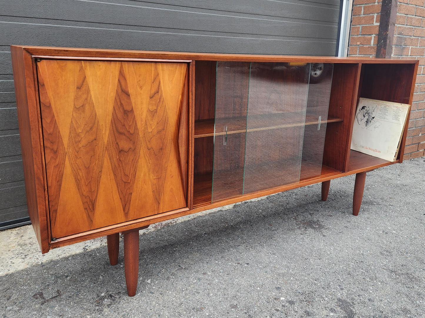 REFINISHED Mid Century Modern Walnut Display/ Bookcase/ Media TV Console 71"