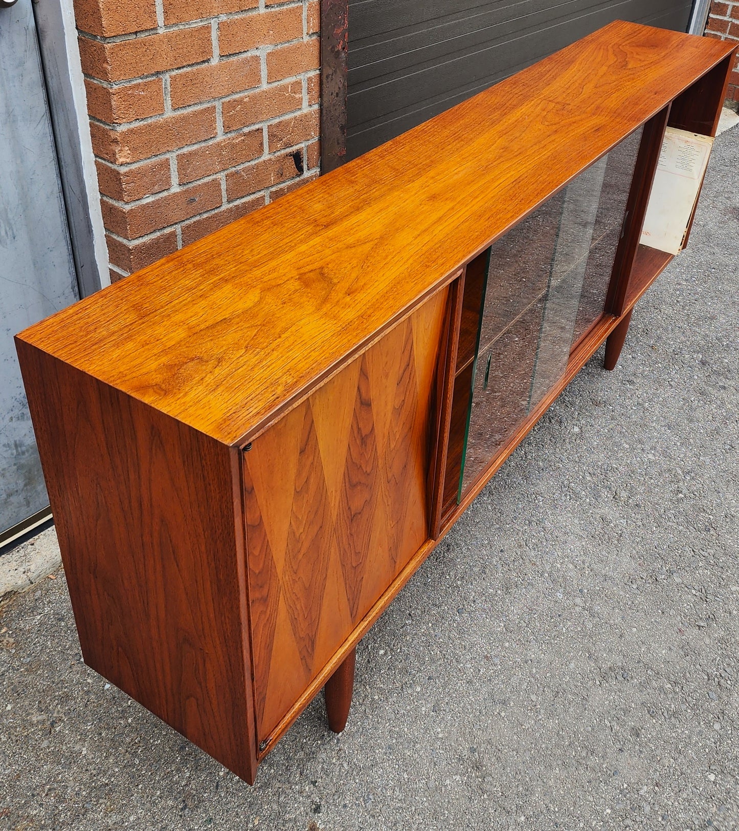 REFINISHED Mid Century Modern Walnut Display/ Bookcase/ Media TV Console 71"