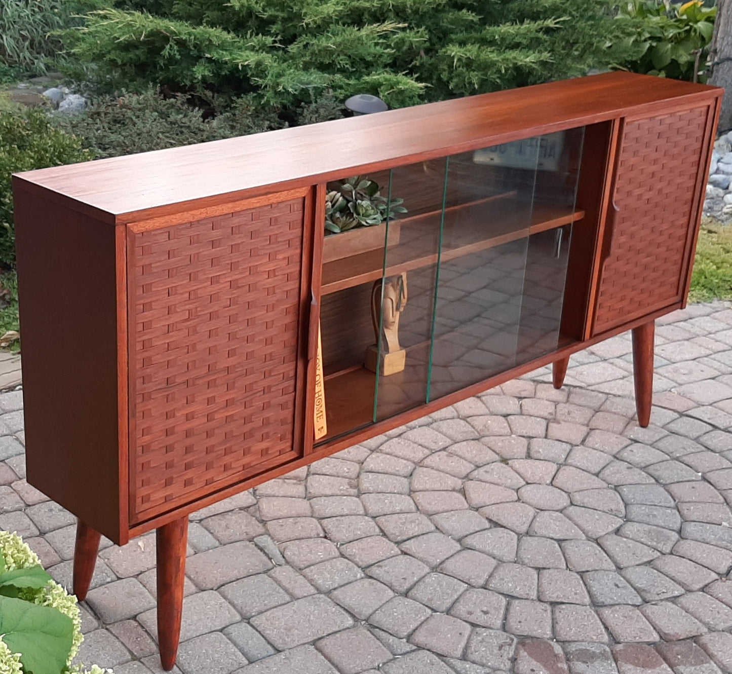 REFINISHED MCM Walnut Display w woven & glass doors 71" long & narrow, PERFECT