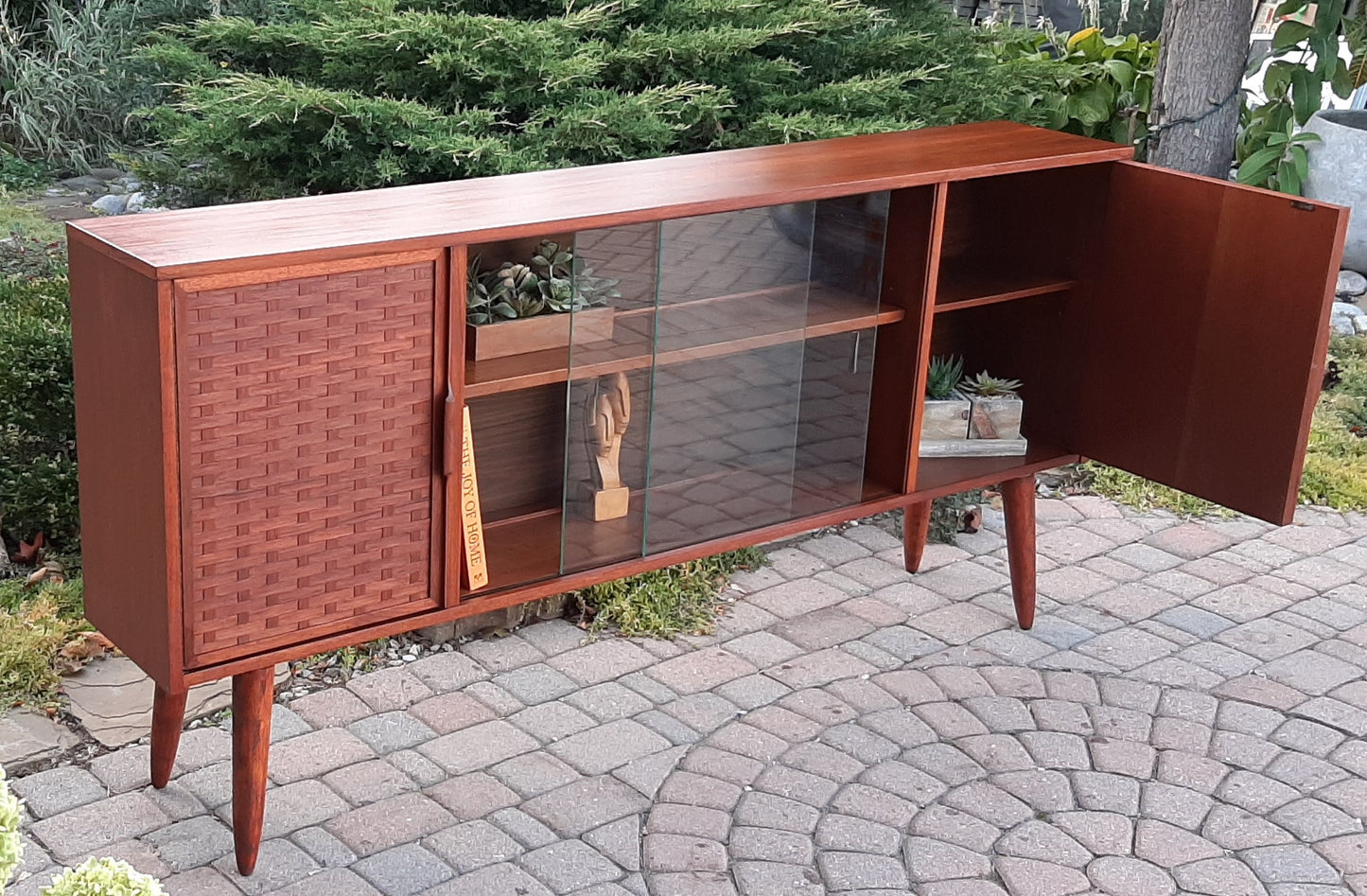 REFINISHED MCM Walnut Display w woven & glass doors 71" long & narrow, PERFECT