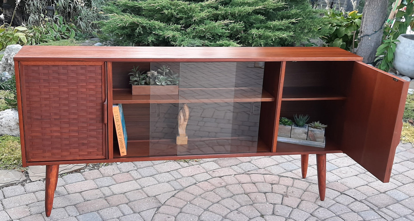 REFINISHED MCM Walnut Display w woven & glass doors 71" long & narrow, PERFECT