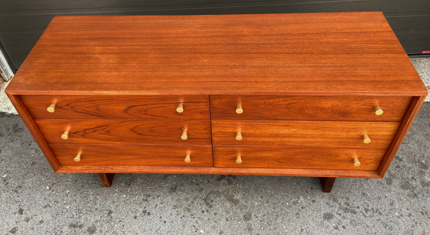REFINISHED Mid Century Modern Walnut Dresser w 6 drawers brass knobs sledge base 54"