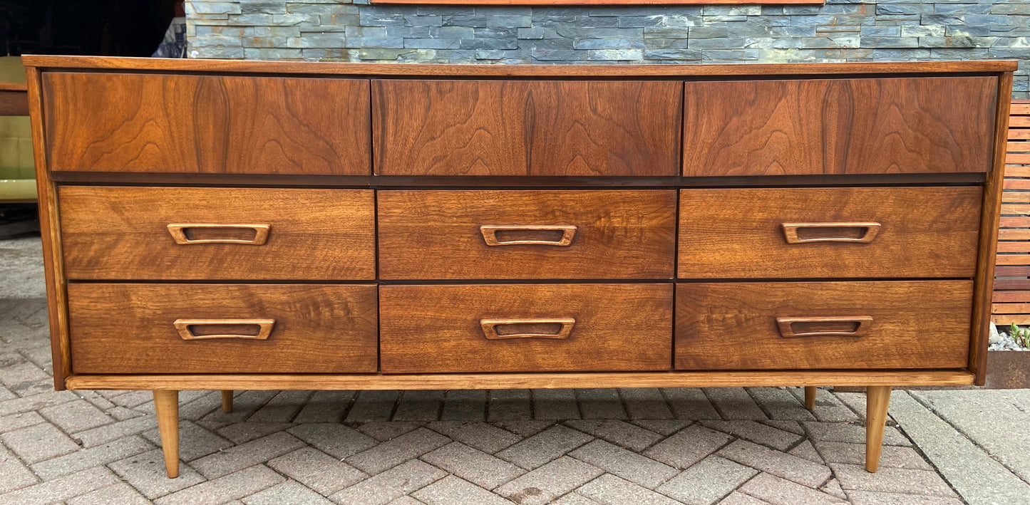 REFINISHED MCM Walnut Dresser 9 drawers, PERFECT
