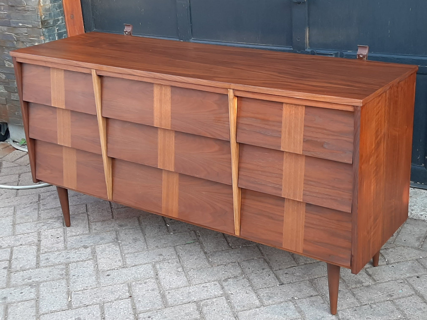 REFINISHED MCM Walnut Dresser w 9 louvered drawers 5ft PERFECT