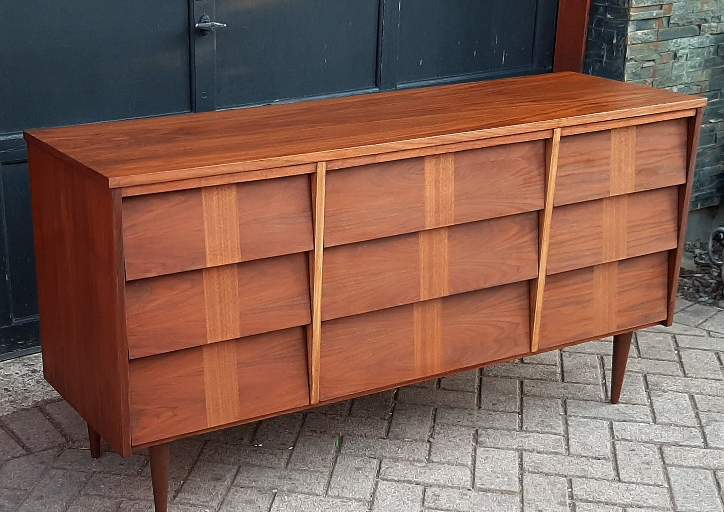 REFINISHED MCM Walnut Dresser w 9 louvered drawers 5ft PERFECT