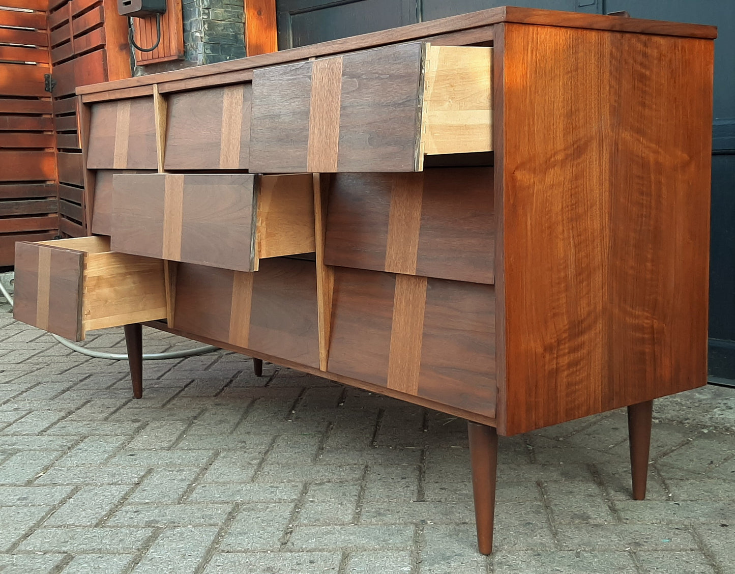 REFINISHED MCM Walnut Dresser w 9 louvered drawers 5ft PERFECT