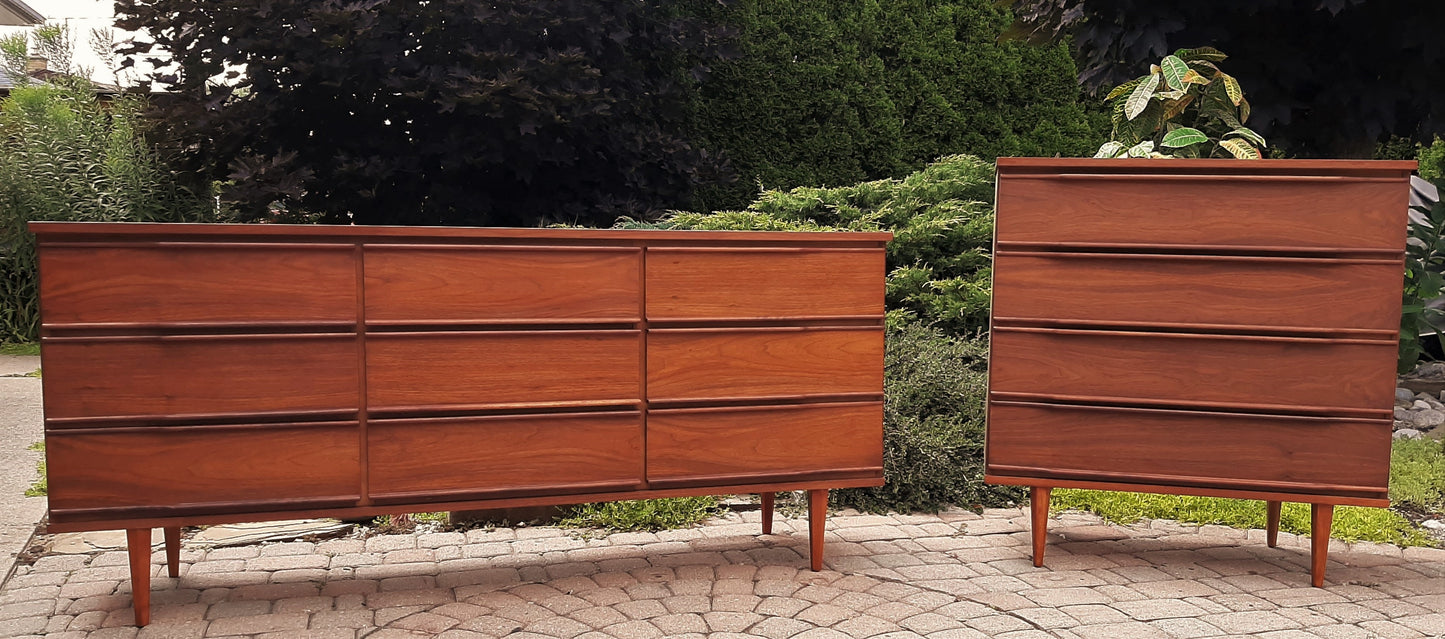REFINISHED MCM Walnut Set of Dresser 9 Drawers and Talboy, Compact, PERFECT