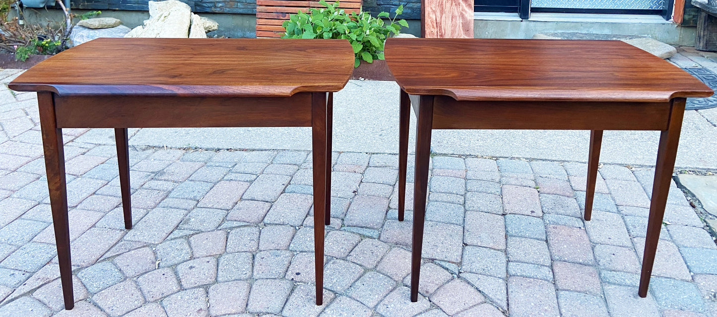 2 REFINISHED Mid Century Modern walnut end tables w drawers, Perfect